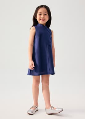Girls' Mandarin Collar Scallop Edge Shift Midi Dress