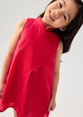 Girls' Mandarin Collar Scallop Edge Shift Midi Dress