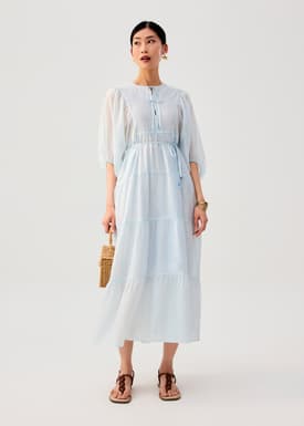 Sheer Lyocell Tiered Round Neck Trapeze Maxi Dress