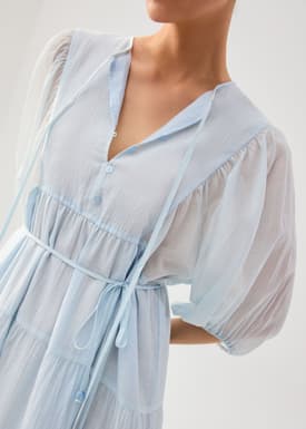 Sheer Lyocell Tiered Round Neck Trapeze Maxi Dress