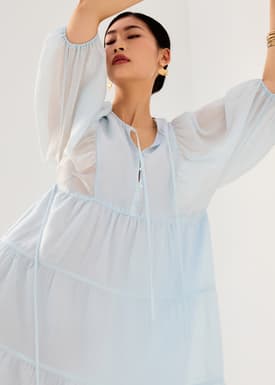 Sheer Lyocell Tiered Round Neck Trapeze Maxi Dress