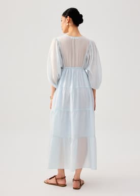 Sheer Lyocell Tiered Round Neck Trapeze Maxi Dress