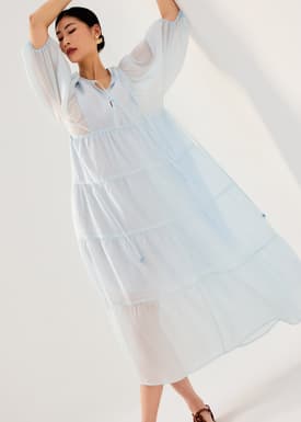 Sheer Lyocell Tiered Round Neck Trapeze Maxi Dress