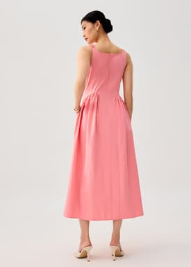 Elastic Strap Cotton Straight Neck Fit & Flare Maxi Dress