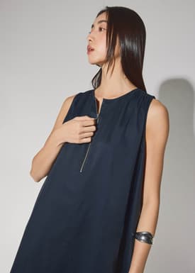 Cotton Quarter Zip Trapeze Midi Dress