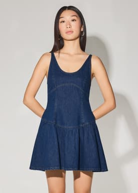 Denim Scoop Neck Fit & Flare Mini Dress