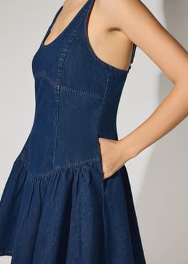 Denim Scoop Neck Fit & Flare Mini Dress