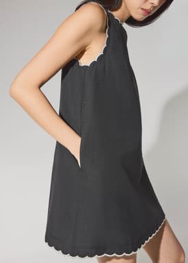 Cotton Scallop Edge Boat Neck Shift Mini Dress