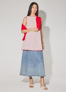 Cotton Scallop Edge Boat Neck Shift Mini Dress