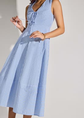 Striped Cotton Front Tie V-neck Fit & Flare Midaxi Dress