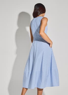 Striped Cotton Front Tie V-neck Fit & Flare Midaxi Dress