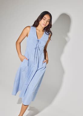 Striped Cotton Front Tie V-neck Fit & Flare Midaxi Dress