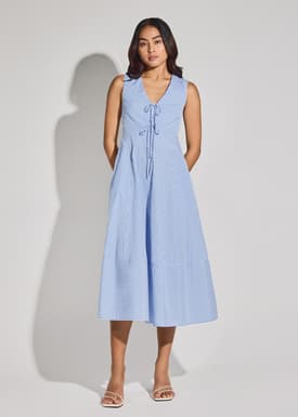 Striped Cotton Front Tie V-neck Fit & Flare Midaxi Dress