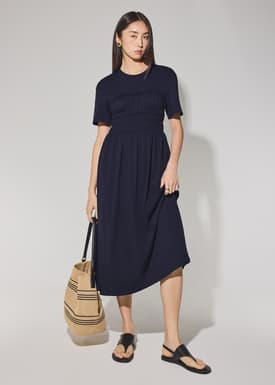 Jersey Ruched Bodice Round Neck Midi Dress
