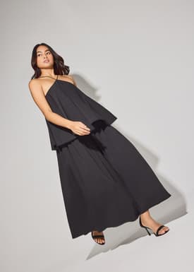 Cotton Tiered Halter Neck Trapeze Maxi Dress