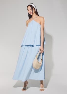 Cotton Tiered Halter Neck Trapeze Maxi Dress
