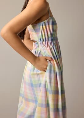 Checkered Cotton Fit & Flare Maxi Dress