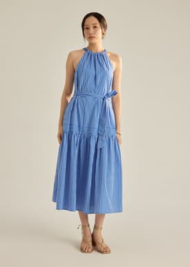 Striped Poplin Maxi Dress With Sash