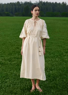 Cotton Trapeze Dress With Sash in Coastal Charm Embroidery