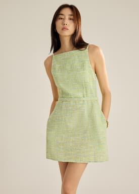 Tweed A-Line Dress With Sash