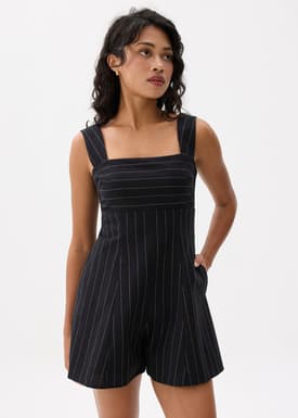 Striped Linen Square Neck Romper