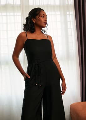 Belted Straight Neck Wide Leg Jumpsuit