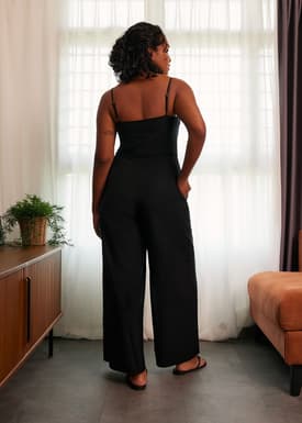 Belted Straight Neck Wide Leg Jumpsuit