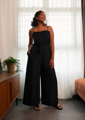Belted Straight Neck Wide Leg Jumpsuit