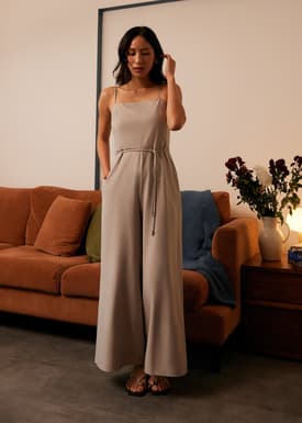 Belted Straight Neck Wide Leg Jumpsuit