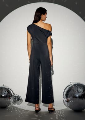 Pleated Neoprene Asymmetric Jumpsuit