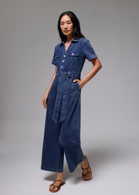 Leggy™ Denim Collared Belted Jumpsuit