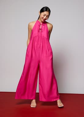 Lyocell Mandarin Collar Wide Leg Jumpsuit