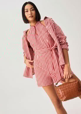 Gingham Cotton Mandarin Collar A-line Romper