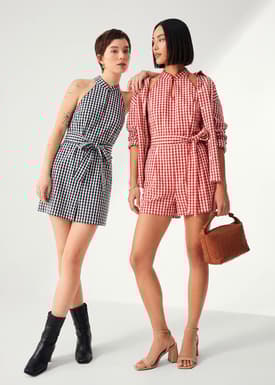 Gingham Cotton Mandarin Collar A-line Romper