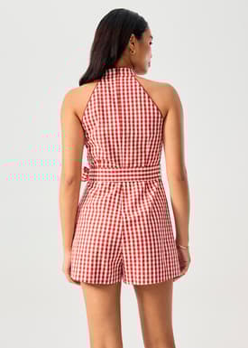 Gingham Cotton Mandarin Collar A-line Romper