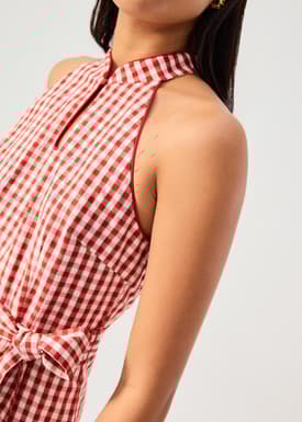 Gingham Cotton Mandarin Collar A-line Romper