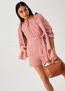 Gingham Cotton Mandarin Collar A-line Romper