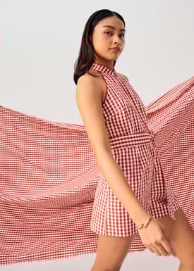 Gingham Cotton Mandarin Collar A-line Romper