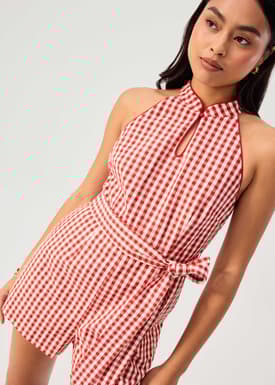 Gingham Cotton Mandarin Collar A-line Romper