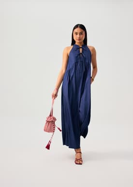 Chambray Mandarin Collar Wide Leg Jumpsuit in Dark Denim