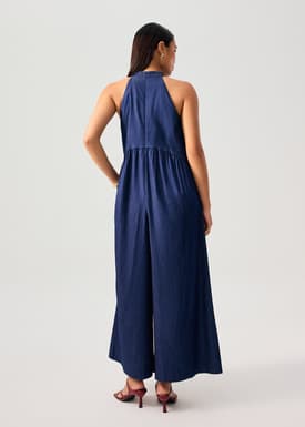 Chambray Mandarin Collar Wide Leg Jumpsuit in Dark Denim