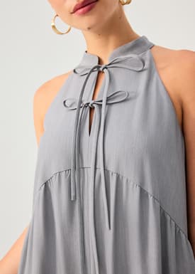 Chambray Mandarin Collar Wide Leg Jumpsuit in Light Grey