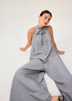 Chambray Mandarin Collar Wide Leg Jumpsuit in Light Grey