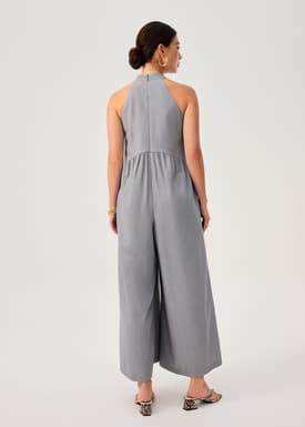 Chambray Mandarin Collar Wide Leg Jumpsuit in Light Grey