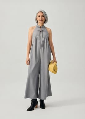 Chambray Mandarin Collar Wide Leg Jumpsuit in Light Grey