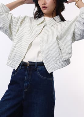 RuchedReady® Relaxed Pinstripe Seersucker Collared Crop Jacket