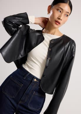 Relaxed Vegan Leather Collarless Button Down Jacket