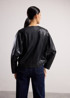 Relaxed Vegan Leather Collarless Button Down Jacket