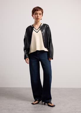 Relaxed Vegan Leather Collarless Button Down Jacket