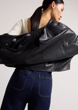 Relaxed Vegan Leather Collarless Button Down Jacket